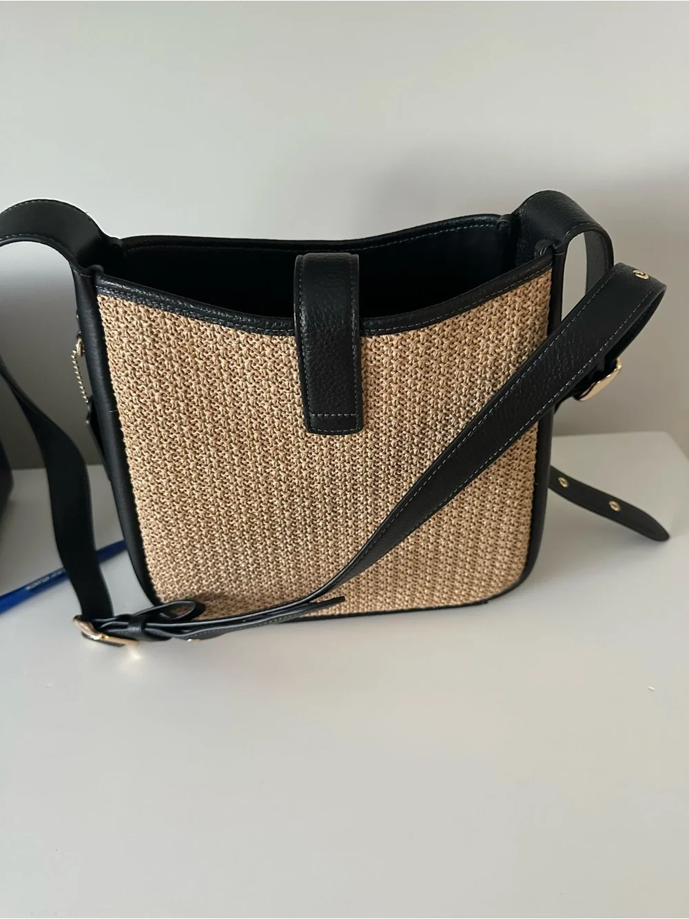 COACH Hadley Turnlock Crossbody Bag in Straw and Black Leather
